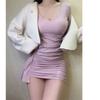 Fashionable, Sexy, Pure V-neck Long-sleeve Dress, Women's Spring, New Slimming Inner Layer, Hip-hugging Short Skirt