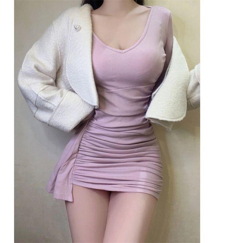 Fashionable, Sexy, Pure V-neck Long-sleeve Dress, Women's Spring, New Slimming Inner Layer, Hip-hugging Short Skirt