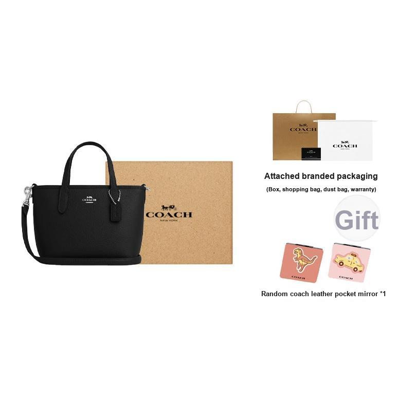 Coach City 15 Brand Logo Adjustable Detachable Shoulder Strap Leather Tote Bag Shopping Bag Crossbody Handbag Mini Women tote Black CW031-SVBK