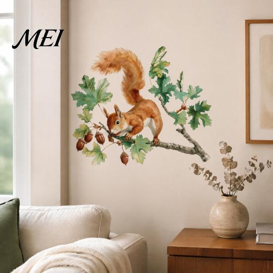 Decorative Glass Stickers for Windows Watercolor Squirrel Wall Sticker, Cute Tree Branch Decal, Easy To Apply Forest Animal Mural Art Living
