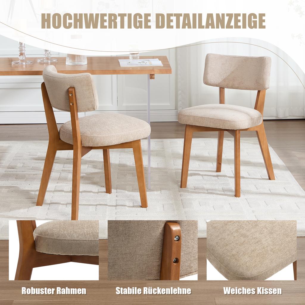 Modern Mid-Century Style Dining Chair Set of 2, Solid Wood Legs Fabric Padded Seat for Kitchen, Dining Room or Office (Khaki-colored Linen Fabric)