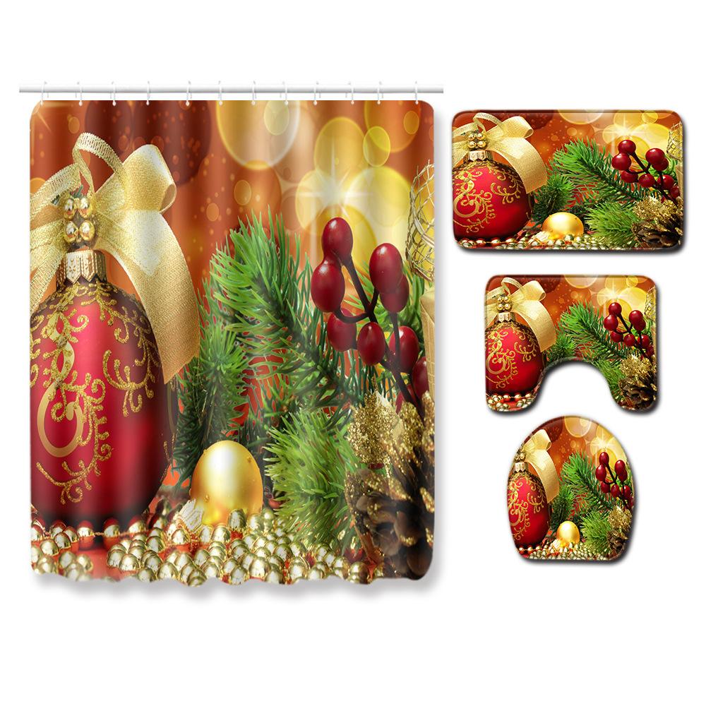 Christmas Elements Bathroom Shower Curtain Floor Mat Toilet Cover Foot Mat Four-Piece Pattern Size