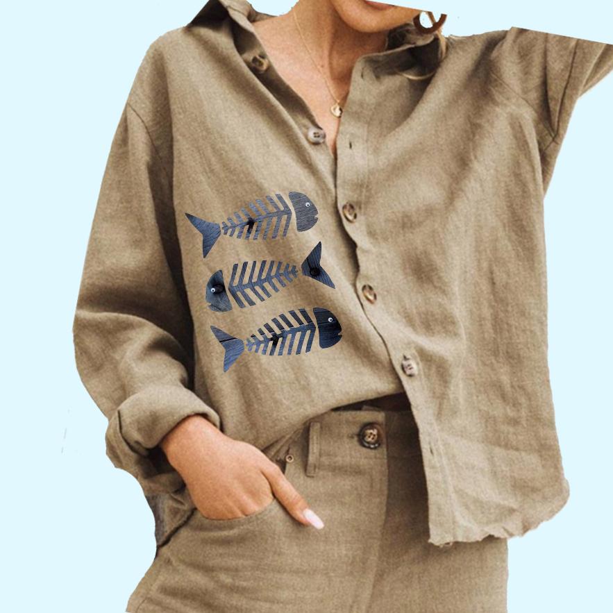 

Женская мода рубашка на пуговицах повседневный топ из хлопка и льна женская блузка с рыбным принтом 3XL хаки
