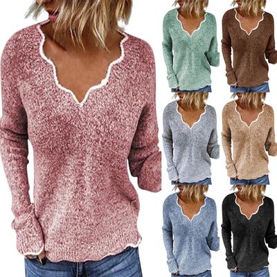 Damen Strickpullover V-Ausschnitt Pullover Tops Dame Einfarbig Lässiger Jumper Winter Weiblich Langarm