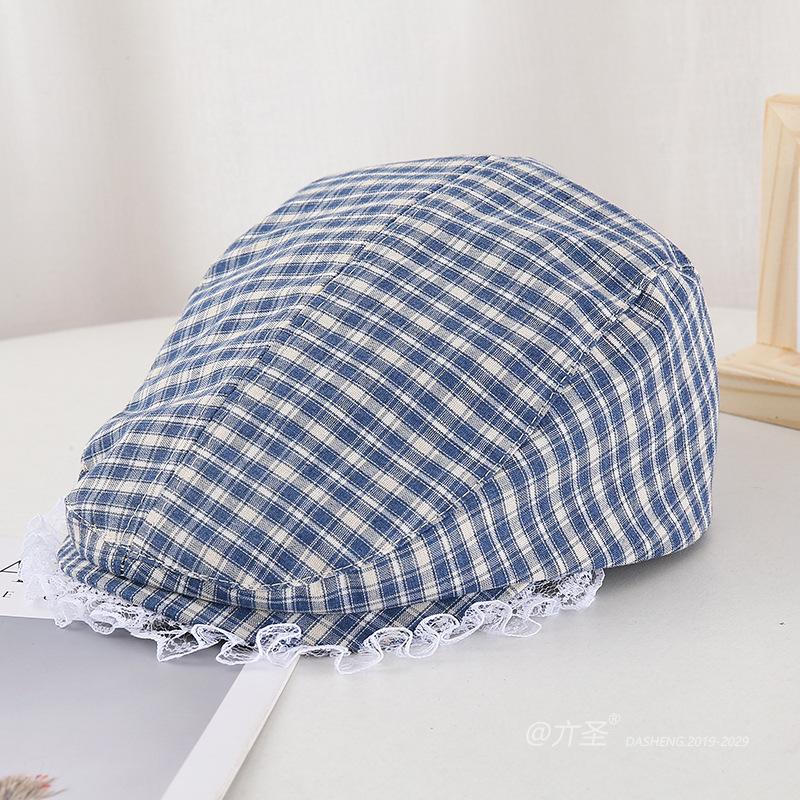 Versatile Plaid Forward Hat Female Sweet Sister Lace Korean Version Cap Showing Face Small Sunshade Bow Casual Beret