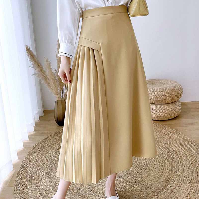 Falda Sencilla Irregular Sólida Drapeada Plisada Femenina Primavera Temperamento Viajera Cintura Alta Línea A Largo Medio Falda de Traje