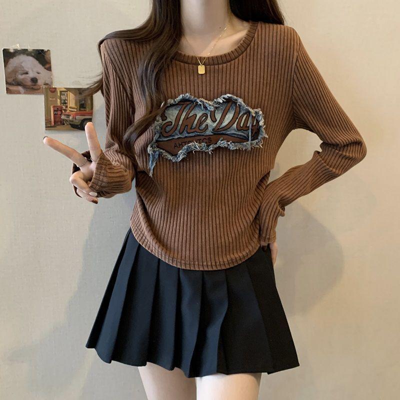 Plus Size Embroidered Long Sleeve Ruffle T-shirt - Women s Autumn Slimming Top 3XL кофейный