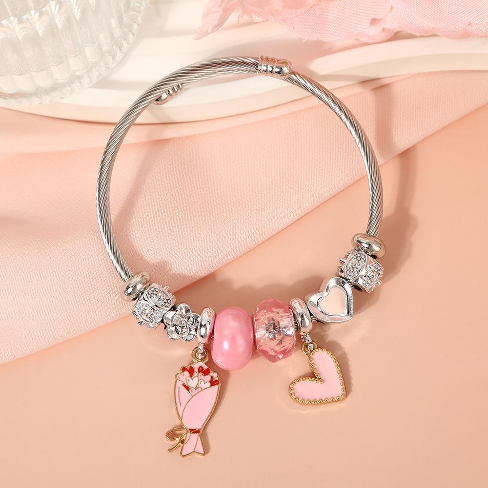 Cute Cartoon Bear Angel Heart Beaded Bracelet Stainless Steel Valentine Gift for Her Girlfriend Women