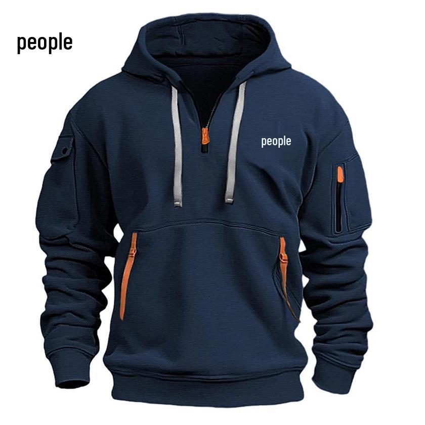 Men's Multi-Zipper Arm Pocket Velvet Hooded Pullover Sweatshirt - Casual Sportswear In Stock