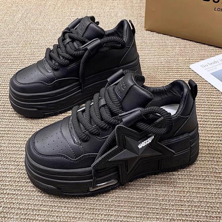 Pink Women Leather Flat Shoes Spring Autumn Chunky Increased Woman Casual Sneakers Fashion Lace-up Vulcanized Shoe Zapatos Mujer