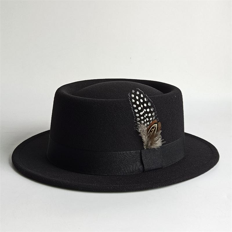 Vintage Pork Pie Hat For Men Wide Brim Felt Black Fedora Church Jazz Ribbon Trilby Panama Gangsters Caps Gentleman'S Style
