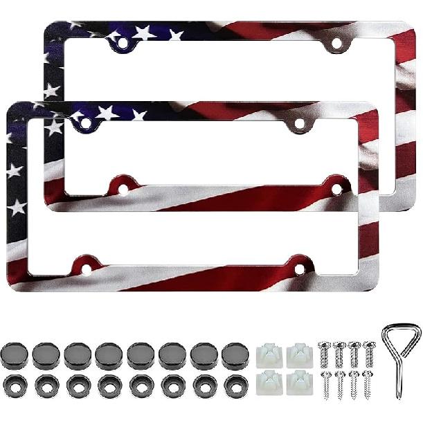 American Flag License Plate Frame Holder - 2 Pack Universal Aluminum Matte Stripe US Flag Gloss Patriotic Car Plate Frame Covers With Free Screws
