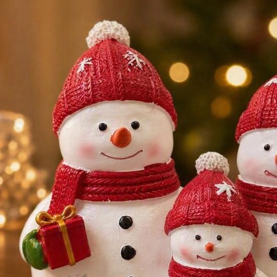 Seasonal Home Decor Christmas Resin Snowman Figurine, Cute Family of 3 Statue with Santa Holiday Mantel Hat, Red Scarf, Tabletop Ornament for