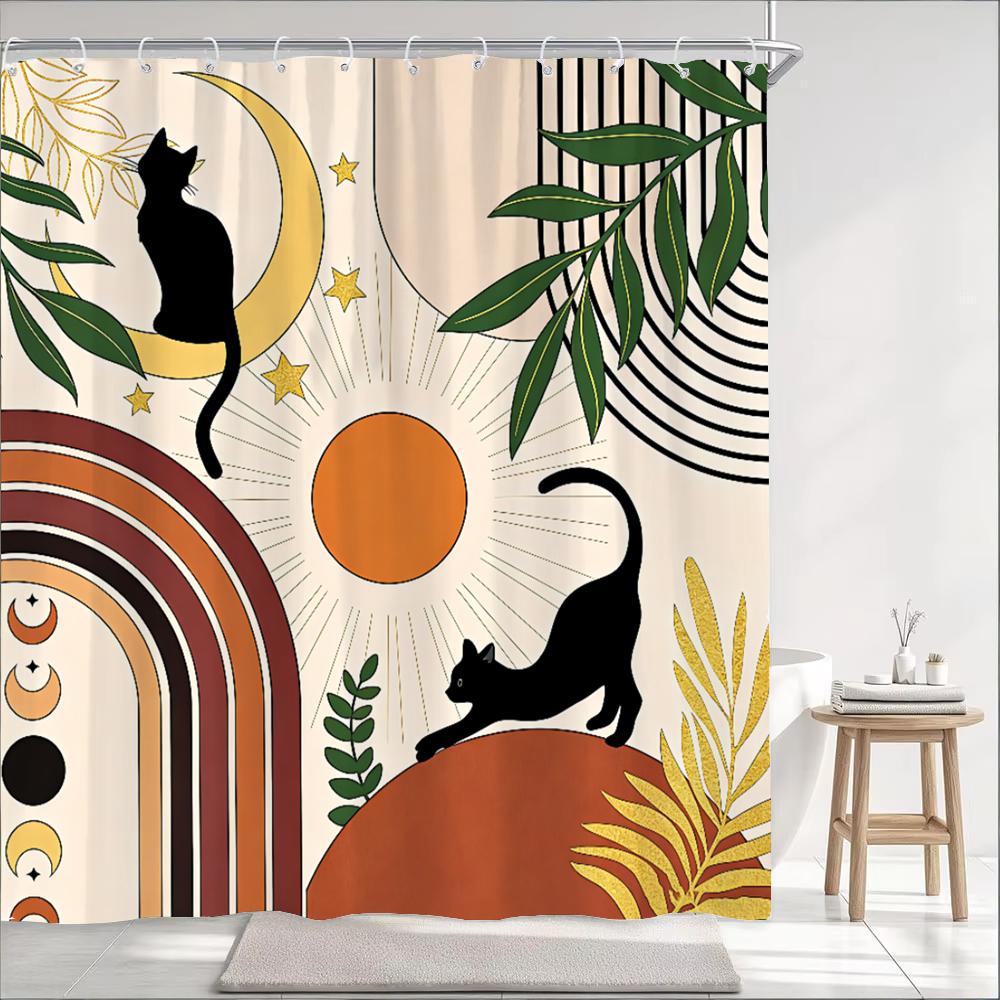 1Pc Nordic Art Cartoon Black Cat Print Shower Curtain Partition Privacy Hanging Bathroom Curtain With Hooks Decoration Curtain