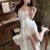 Sexy Spaghetti Strap Ruffle Irregular Bodycon Party Club Evening Dress Women Mesh Suspender Spring Summer Holiday Beach
