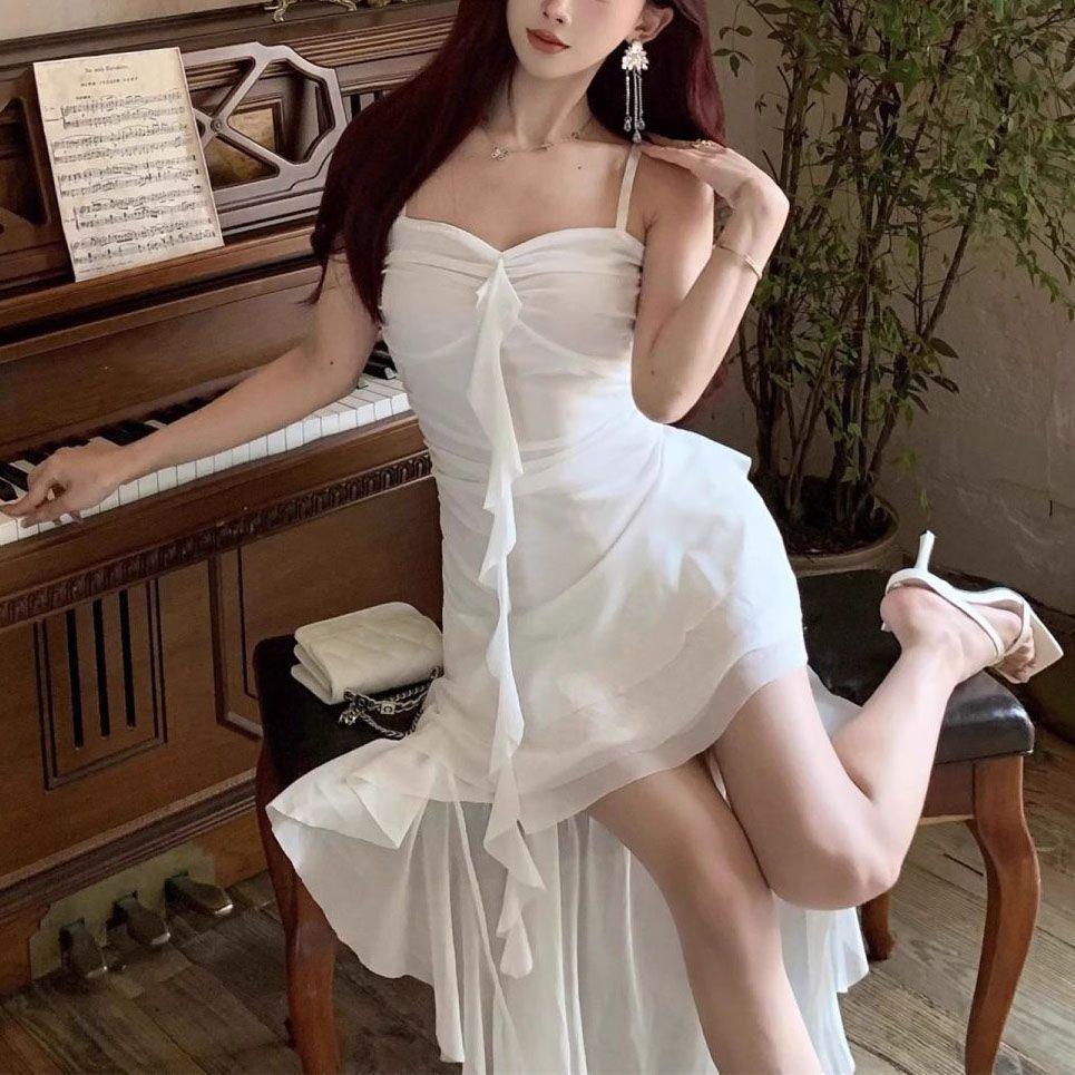 Sexy Spaghetti Strap Ruffle Irregular Bodycon Party Club Evening Dress Women Mesh Suspender Spring Summer Holiday Beach