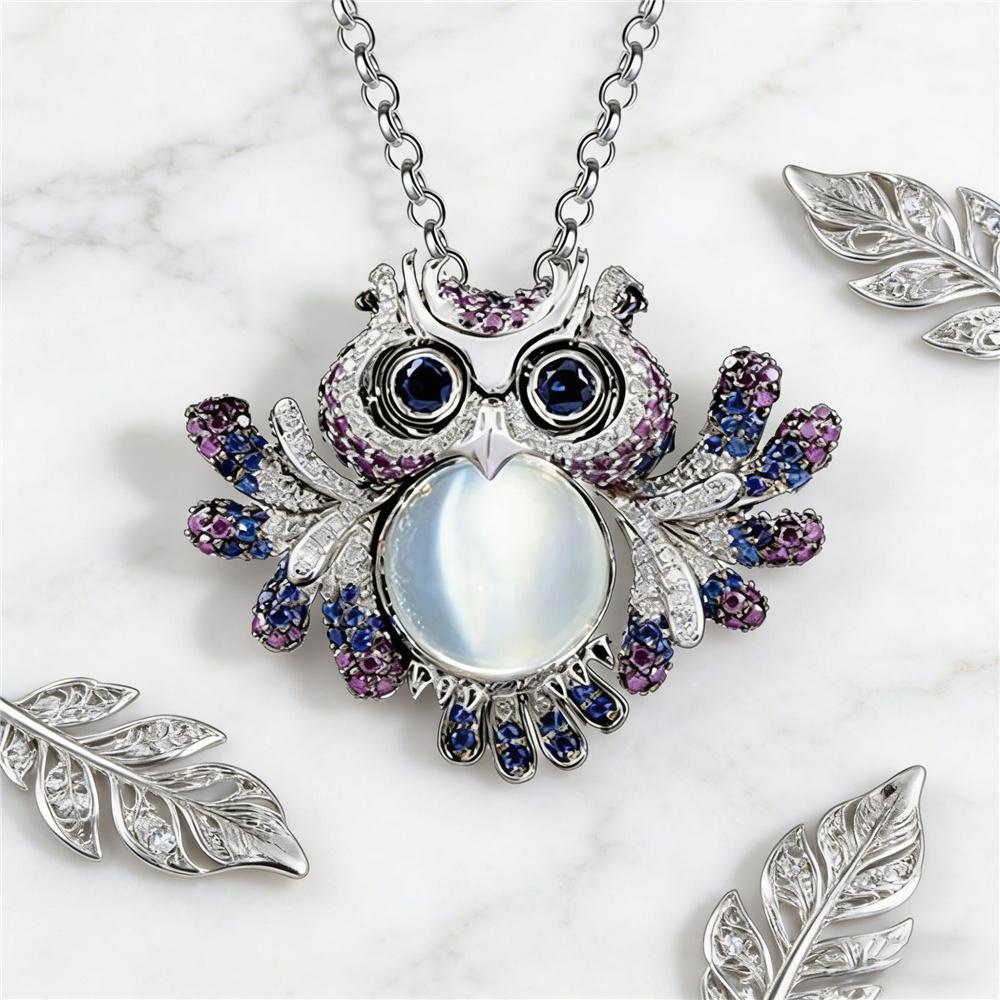 Cute Animal Female Rainbow Zircon Moonstone Owl Pendant Necklace Silver Color Wedding Jewelry For Women
