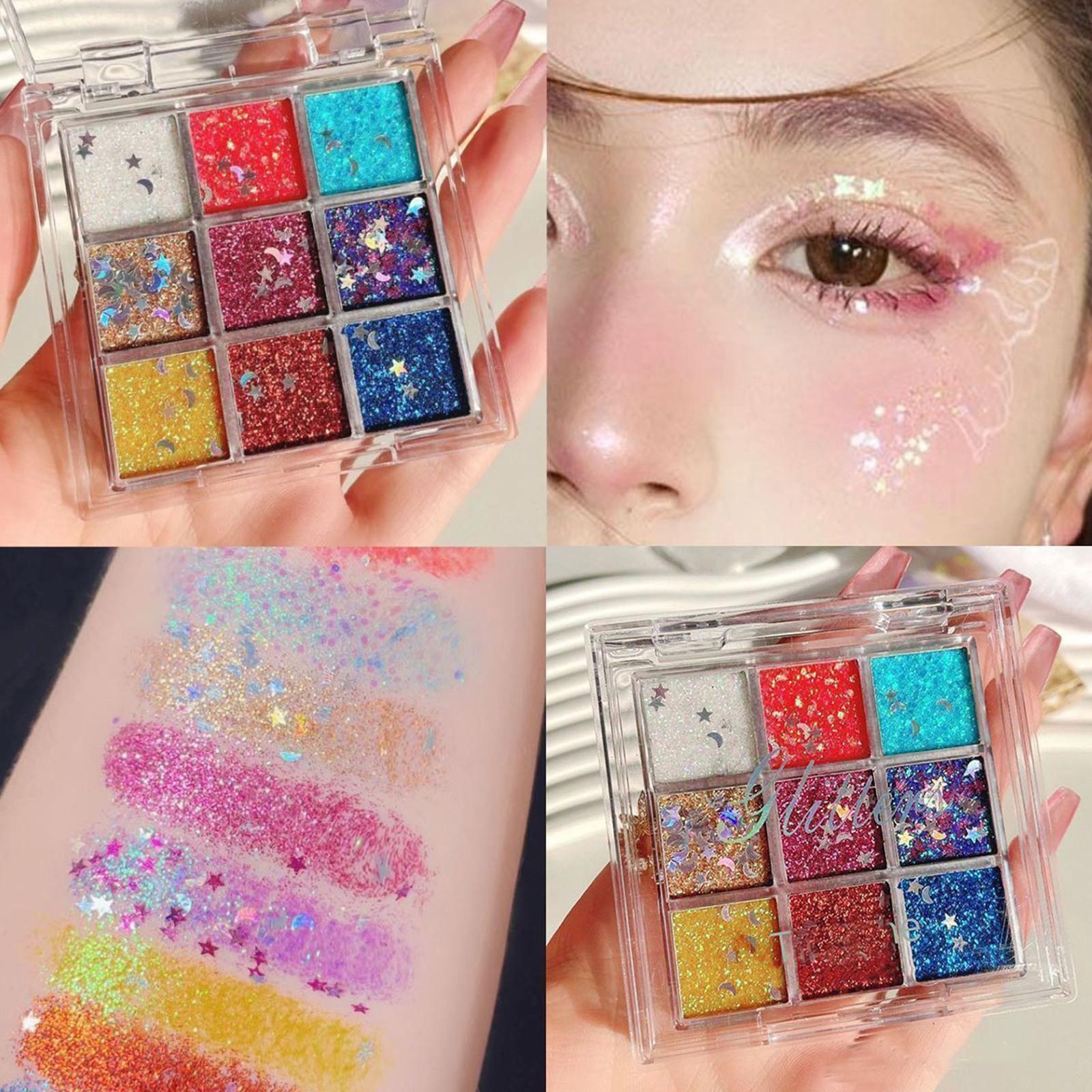 

9-цветный гель, Цветные блестки, 9-цветные тени для век без клея, Сценический макияж для выступлений, Крупные блестки, Суперсияющие. One Size