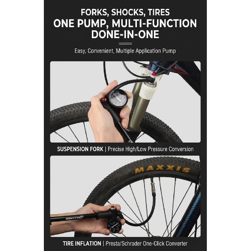 High Pressure Bicycle Pump 300PSI with Gauge Portable Shock Pump for Front Fork Rear Suspension Schrader Presta Valve MTB Road