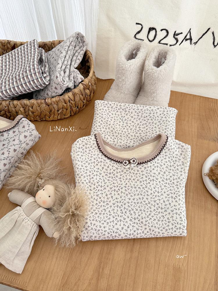 Girls' 2025 Winter Pajama Set: Korean-Style Floral, Fleece-Lined, Comfortable Home Wear