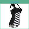 Elegante Costume da Bagno Nero con Scollo a V Profondo e Spalline Sottili Taglie Forti per Costumi da Bagno a Strisce Donna