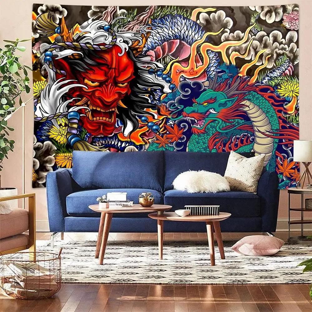 Japanese Dragon Tapestry Oni Mask Wall Hanging Aesthetic Anime Tapestry Art for Men Bedroom Living Room Flannel Fabric