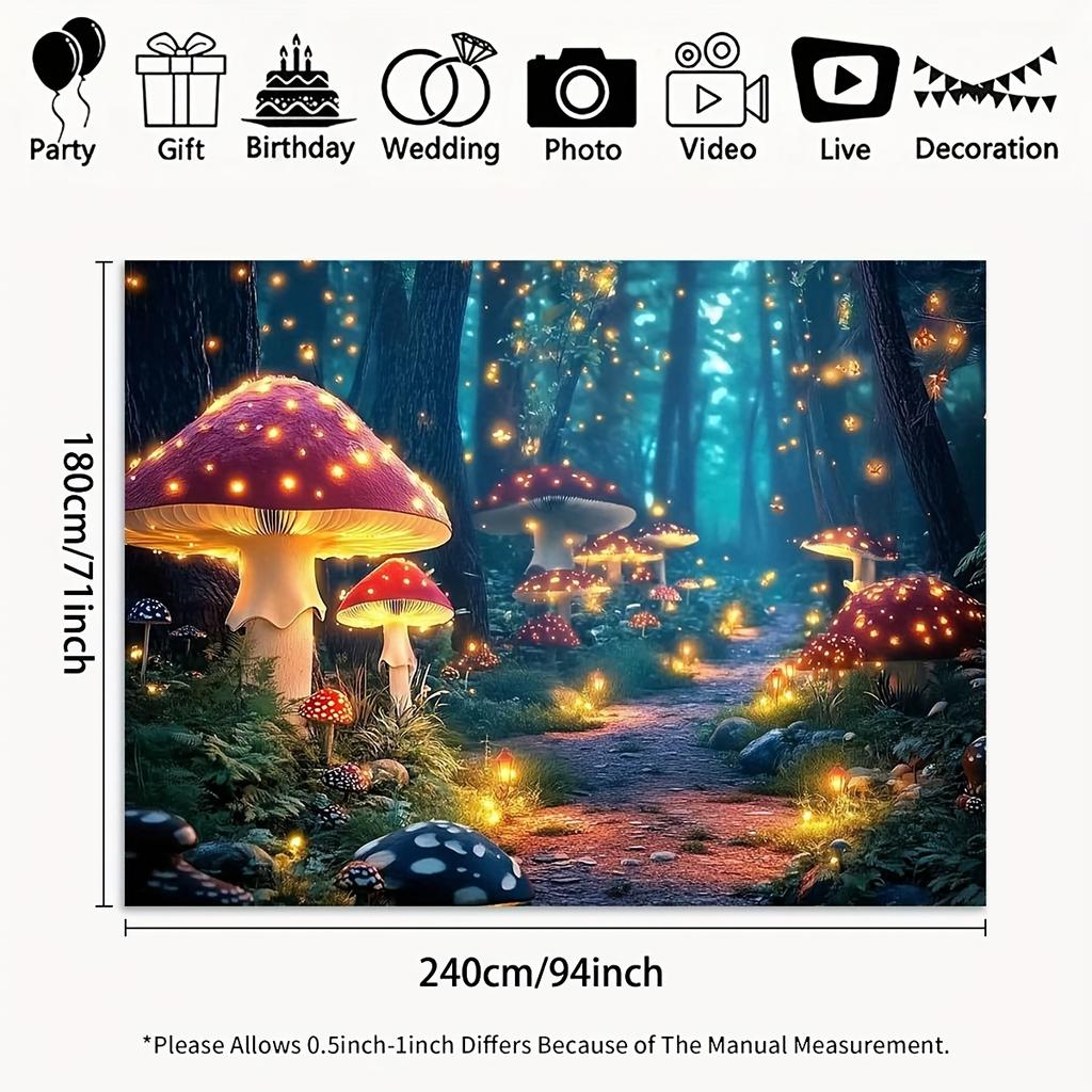 Tło płaskie 2D - Wzorzyste tło fotograficzne z motywem marzycielskiego lasu i grzybów, Wielofunkcyjny baner do dekoracji domu