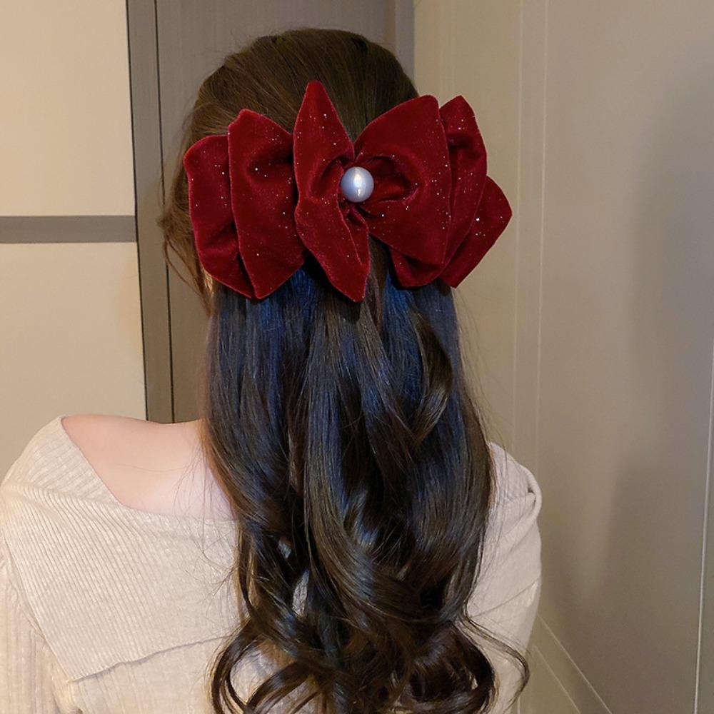 Cloth Bowknot Spring Clip Rhinestone New Year Hairpin Red Velvet Bow Hair Clip Ponytail Holder