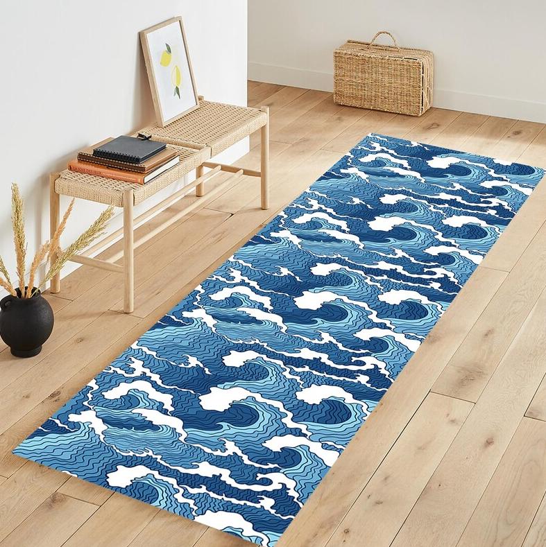 Blue Wave Pattern Runner Rug Ocean Waves Design Non-Slip Absorbent Carpet Home Decor Bedside Mat Hallway Entrance Doormat