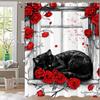 Modern Red Roses and Black Cat Shower Curtain,Flowers Printed Polyester Decorative Bathroom Curtain, Home Curtain with Hooks