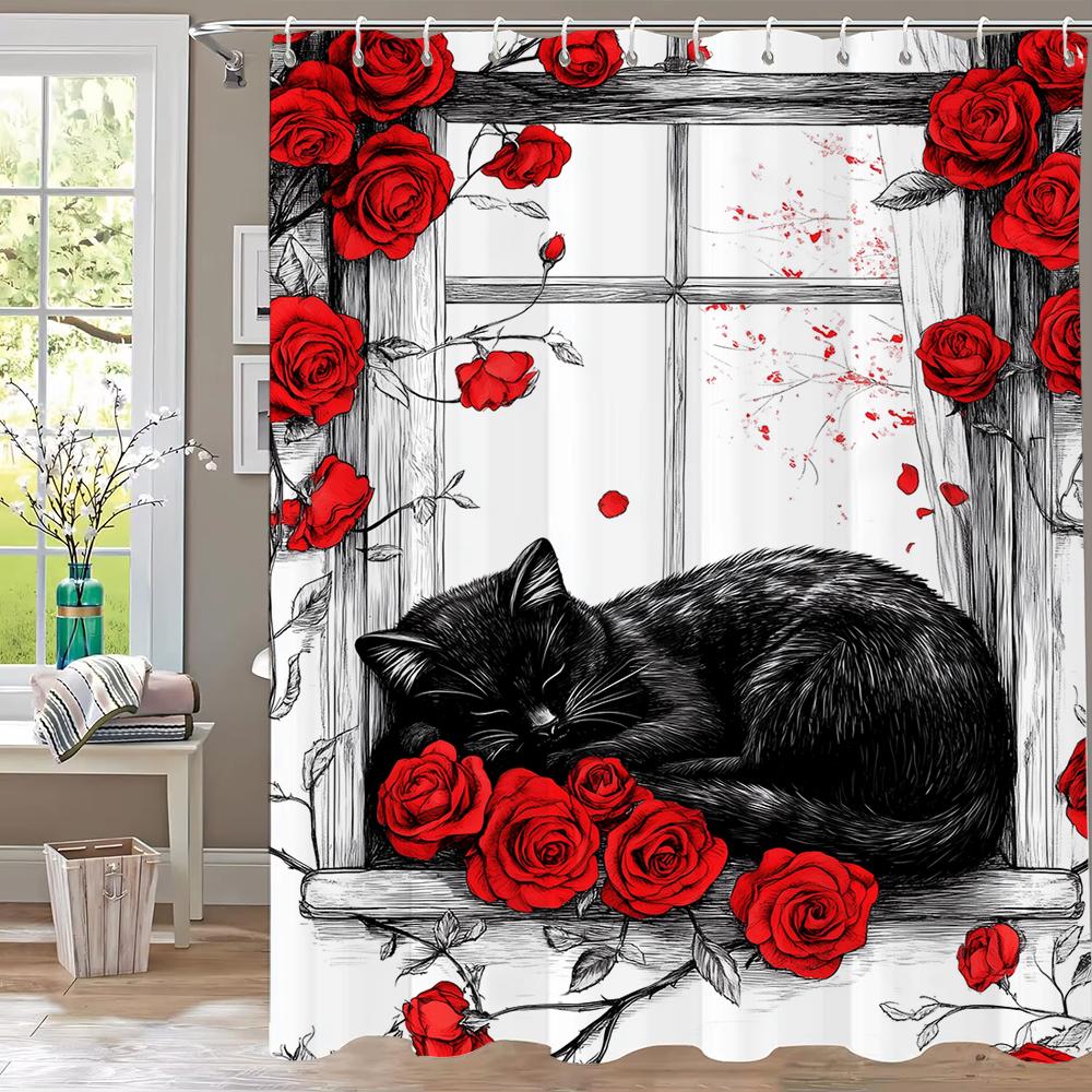 Moderner Duschvorhang mit roten Rosen und schwarzer Katze, Dekorativer Badezimmer-Vorhang aus Polyester mit Blumendruck, Heimvorhang mit Haken