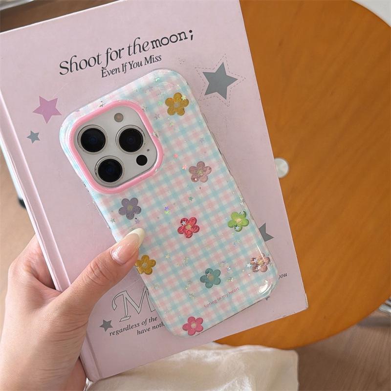 Colorful Floral Plaid Phone Case for iPhone 17, 16 Pro Max, 15, 14 - Japanese Korean Style