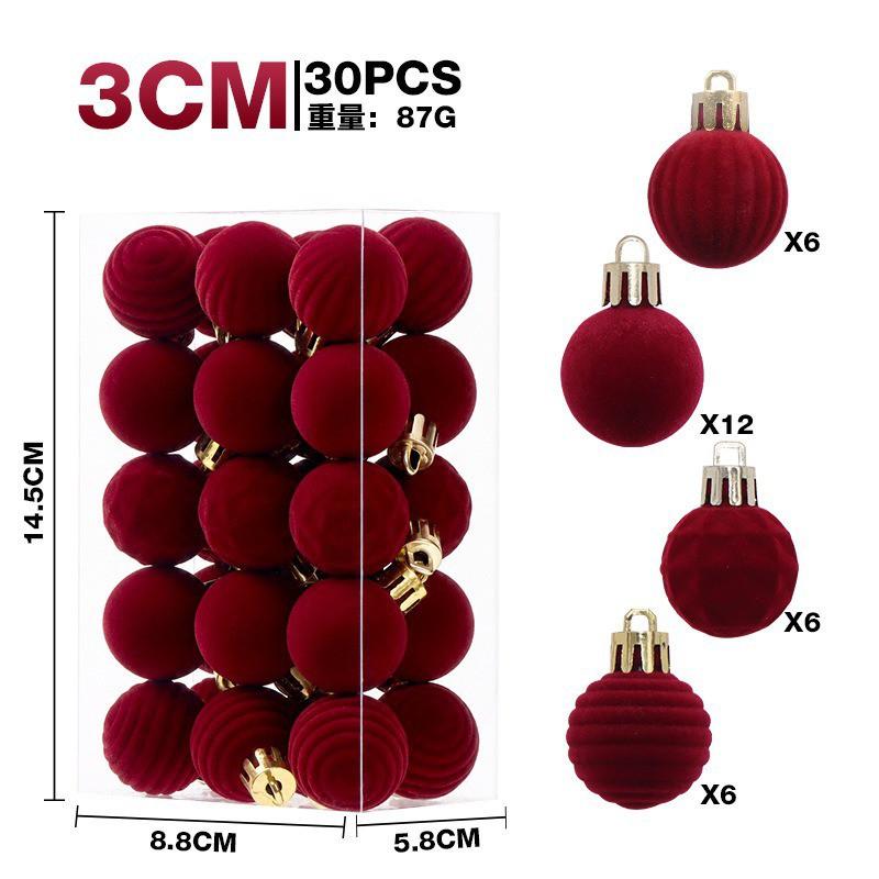3cm Flocked Christmas Balls 30pcs Set Xmas Tree Hanging Ornaments Luxury Decorations