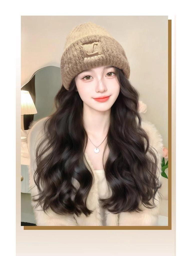 Women's Fashionable Knitted Wool Hat with Realistic Non-Detachable Wig for Autumn/Winter 2025