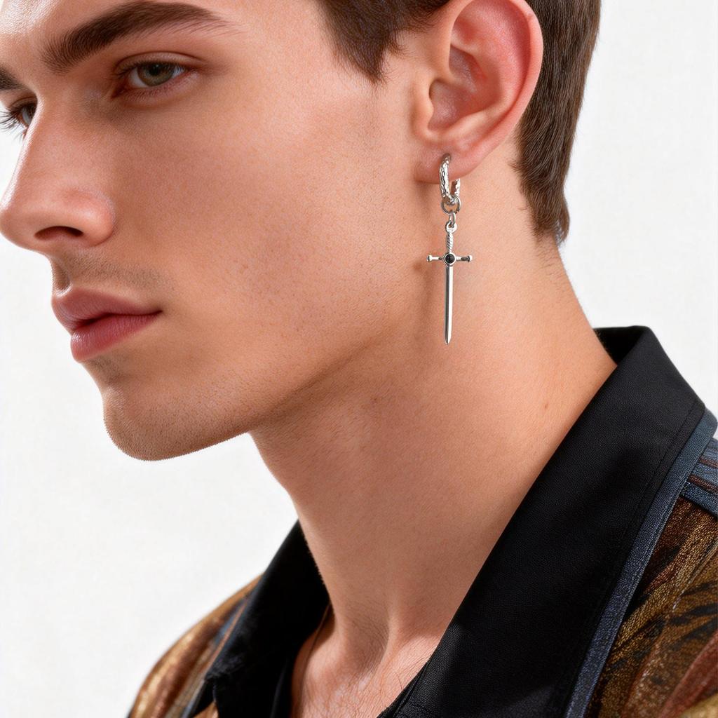 Vnox Stainless Steel Black Onyx Sword Huggie Hoop Earrings Punk Rock Dangle Earring for Men Women Couples Trendy Gothic Jewelry