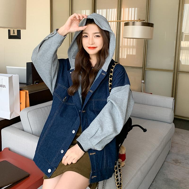 

Джинсовая куртка с капюшоном для женщин, весна-осень, свободный топ в корейском стиле для миниатюрных XL