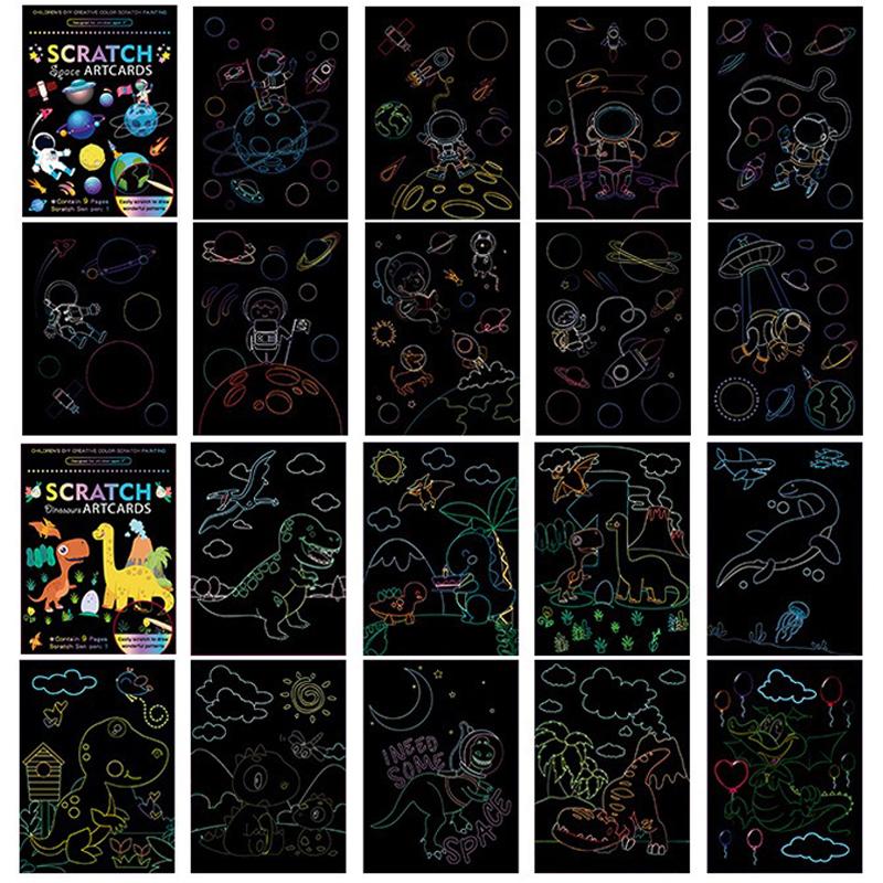 18 PCS Scratch Painting Papers Magic Rainbow Colored Drawing Set Space Animal Ocean Pirate Bamboo Stick Gifts for Boys Girls ZYF