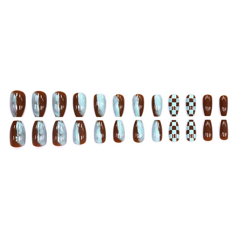 Luxury Plaid Coffee Brown Nail Art Set - 24 Pieces