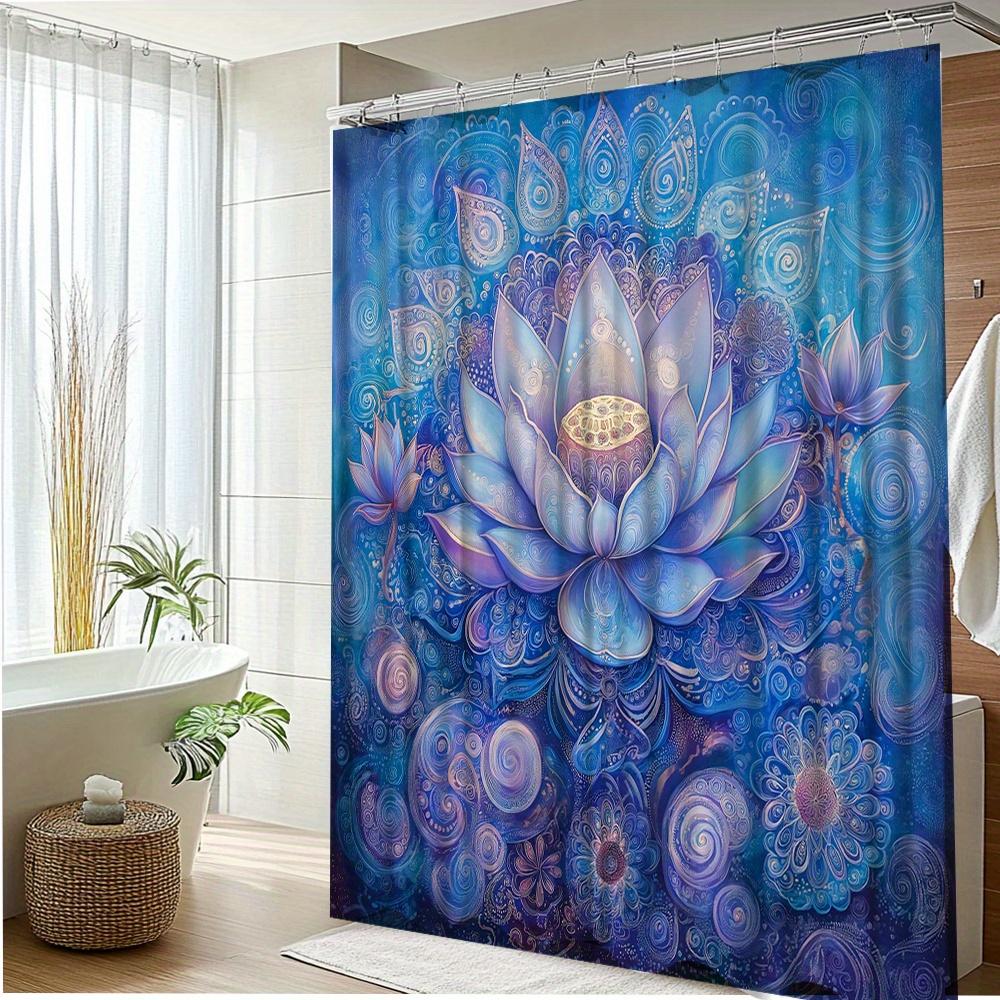 1Pc Mandala For Lotus Shower Curtain - Vibrant Blue Purple Pink Golden Design, Machine Washable Polyester Fabric With 12 Hooks,