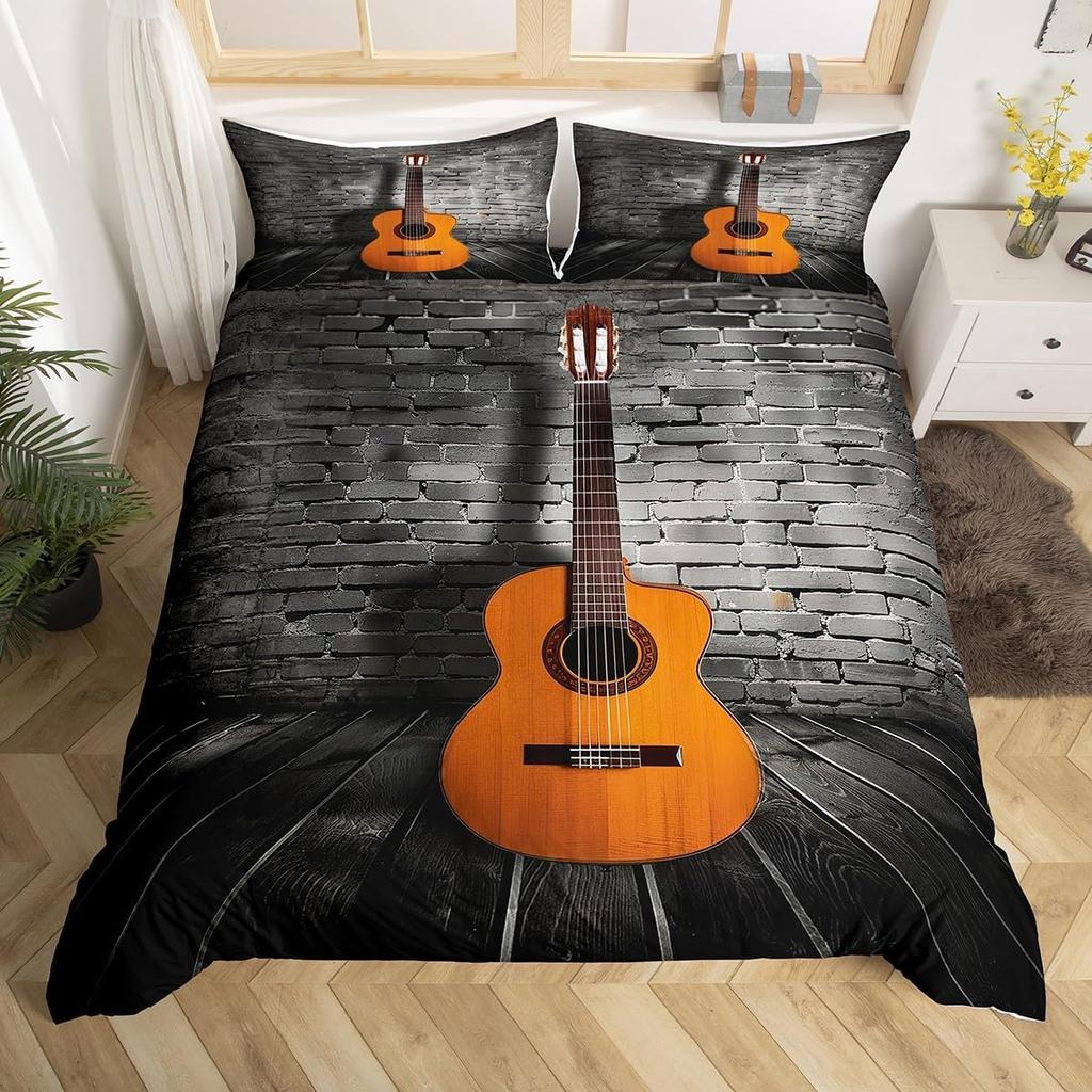 Guitar Duvet Cover Full Queen Tropical Blooming Floral Bedding Set For Kids Music Lover Musical Quilt Cover With 2 Pillowcases