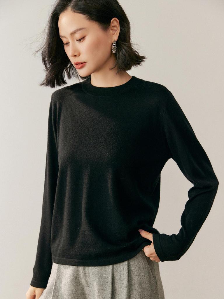 Women's Round Neck Wool Knit Pullover - Long Sleeve Base Layer Sweater