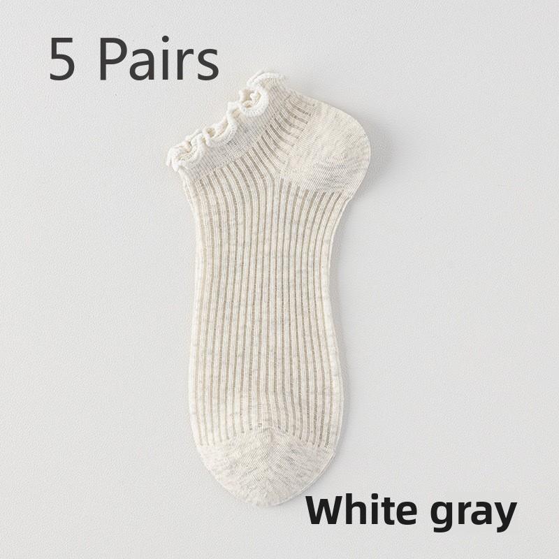 5 par spetssockor Dam Vår och Sommar Tunna Godisfärgssystem Nät Andningsbara Benfria Träöra Spets Låga Korta Bomullssockor