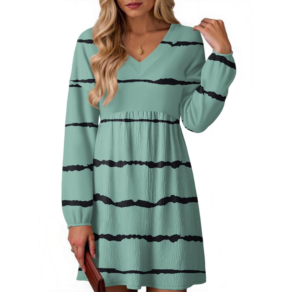 Women's Fashion Striped V-Neck Long Sleeve Dress
