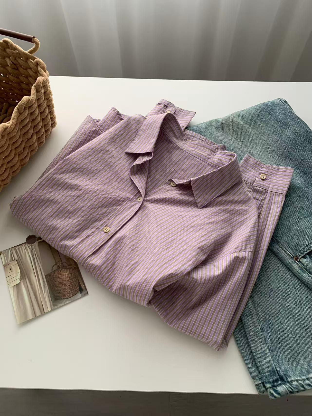 Korean Style Fine Striped Embroidered Cotton Shirt - Spring 2026 One Size фиолетовый