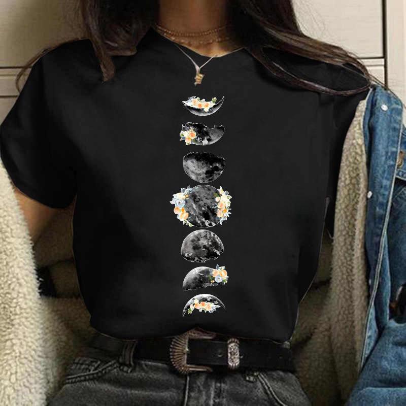 Summer Fashion Printed Moon Moon Eclipse Loose Half Sleeve Letter Cotton T-Shirts Women’s