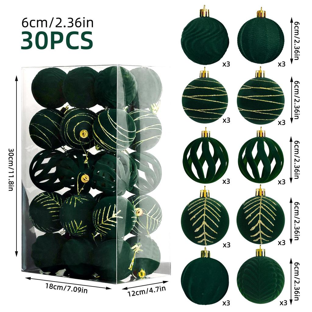 Velvet Flocked 6cm Plush Fabric Christmas Tree Ornaments, Set of 30 Pendants