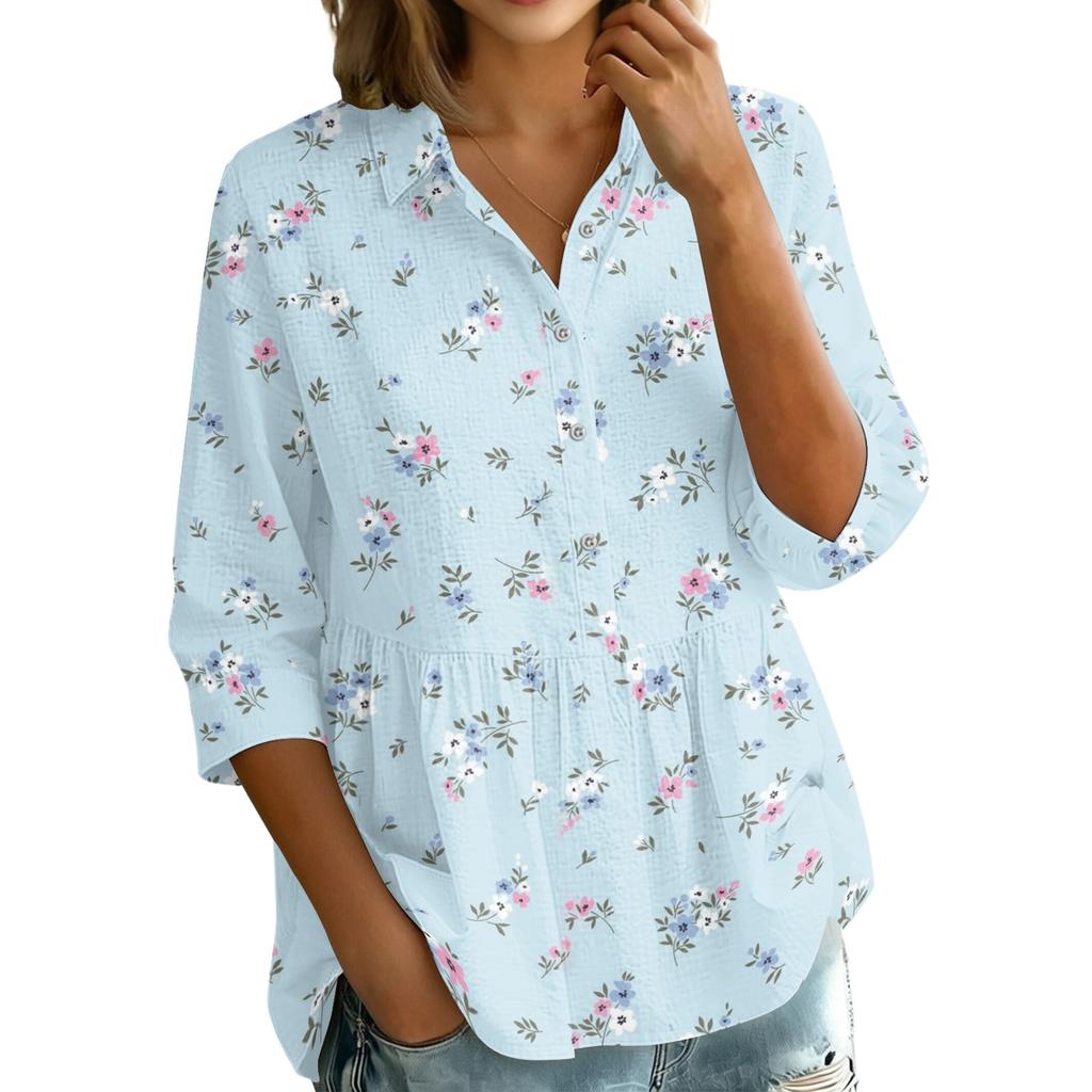 Damen Knopfleiste Hemd Vintage Blumenmuster Dreiviertelärm Lockerer Schnitt Bluse mit Kragen Lässig Leichtes Oberteil