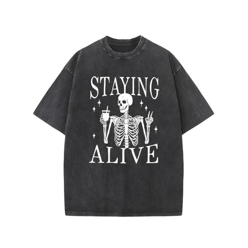 

European Size Men S Staying Alive Skeleton Graphic T-Shirt | Vintage Washed Grey with Edgy Bone and Bobby Dagen Print,Round Neck Short Sleeve Tee 5XL