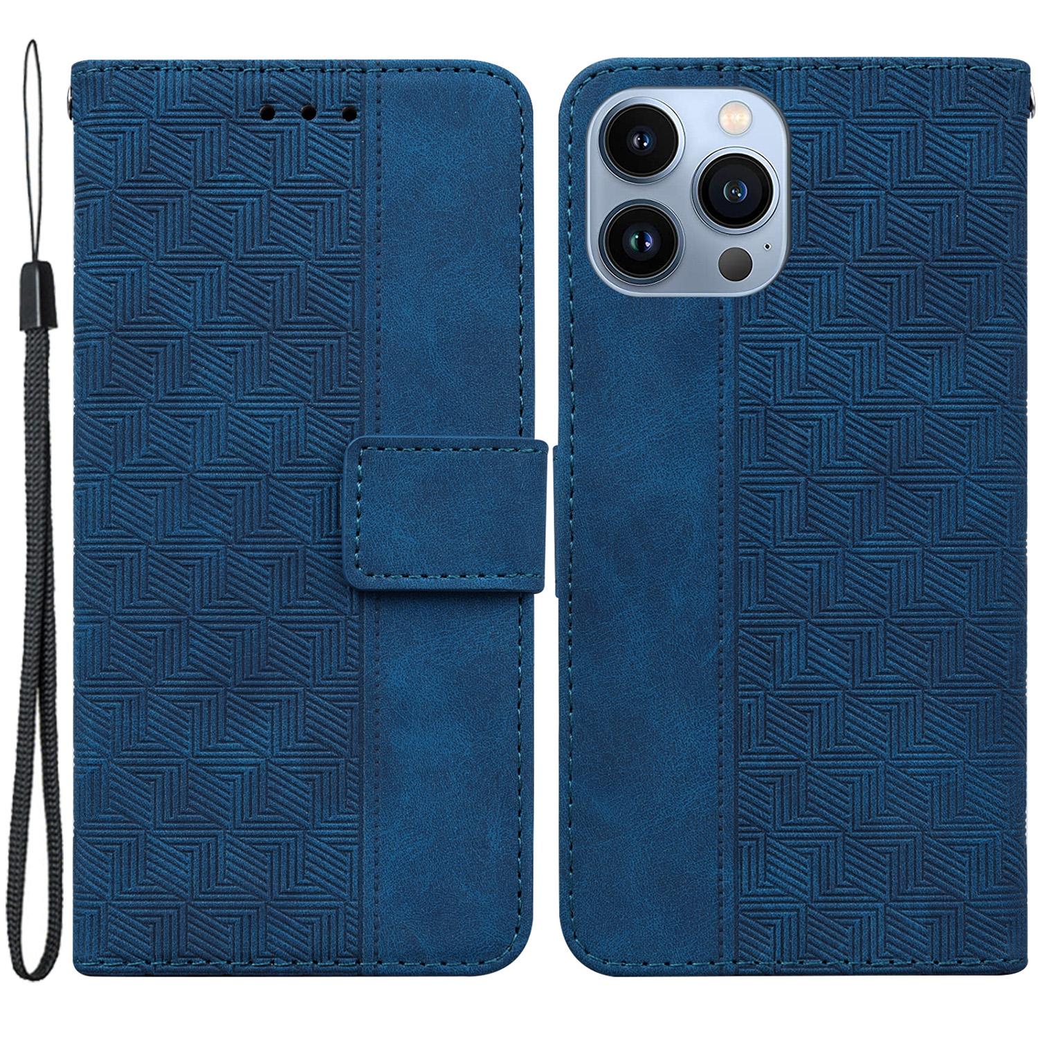 

For iPhone 15 Pro Geometry Imprinted PU Leather Wallet Stand Phone Shell Mobile Case Blue