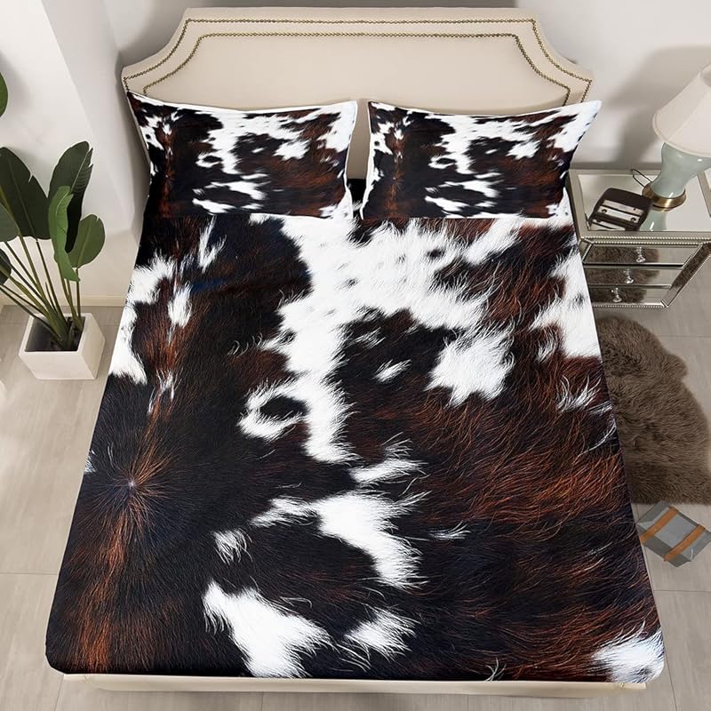 Homewish Highland Cattle Fitted Sheet Twin,Cow Fur Bedding Set 2pcs for Kids Teens Adult Room Decor,Farmhouse Animals Cowhide Bed Cover Black White